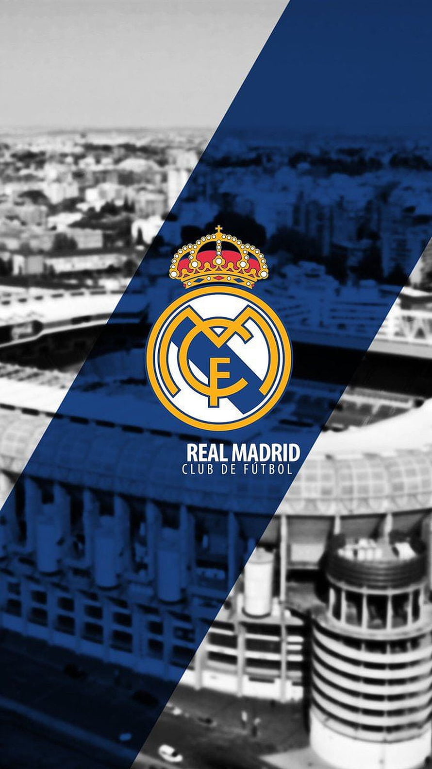 Real Madrid Club de Fútbol Official Crest and Santiago Bernabéu Stadium Aerial View HD phone wallpaper