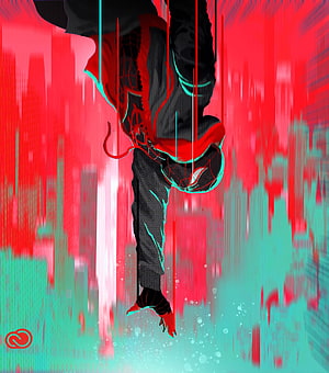 Miles Morales Spider-Man Hanging Upside Down in Red and Teal Glitch Art Style, Jump, Spider-Man: Into the Spider-Verse, artwork HD phone wallpaper
