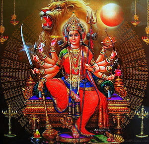 Maa Durga Hindu Goddess Sitting on Lion with Weapons and Trishul HD wallpaper