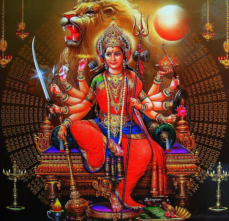 Maa Durga Hindu Goddess Sitting on Lion with Weapons and Trishul HD wallpaper