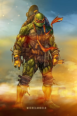 Michelangelo from Teenage Mutant Ninja Turtles in tactical gear with nunchaku and orange mask HD phone wallpaper