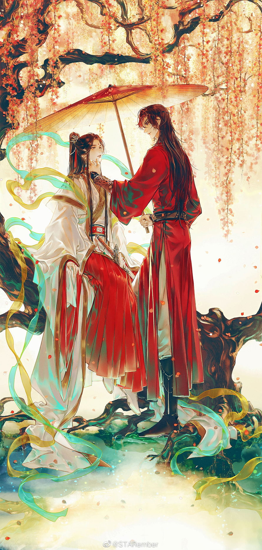 Tian Guan Ci Fu Characters Under Blossoming Tree With Red Umbrella HD phone wallpaper
