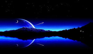 Mystical Blue Night Sky With Planet, Shooting Star, and Mountain Lake Reflection HD wallpaper