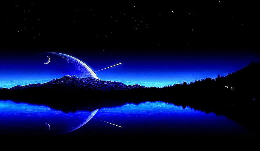 Mystical Blue Night Sky With Planet, Shooting Star, and Mountain Lake Reflection HD wallpaper