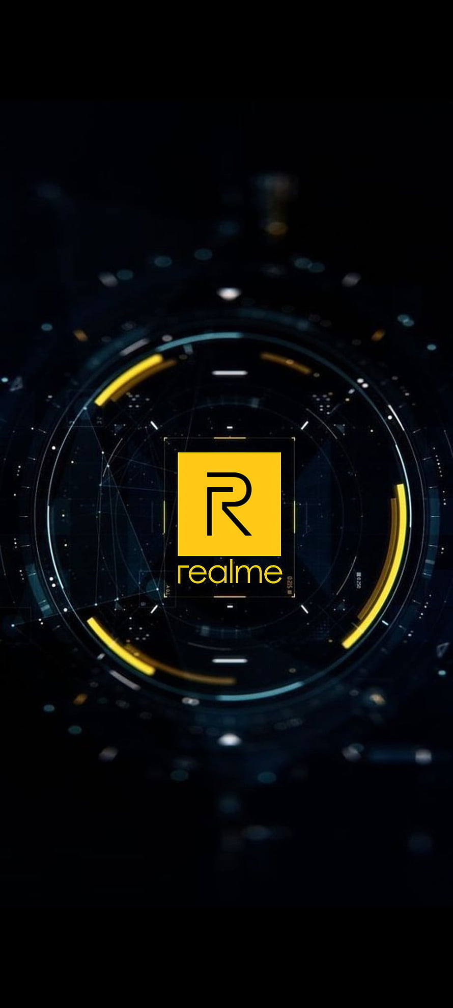 Realme Logo on Futuristic Dark Blue and Yellow Tech Background HD phone wallpaper