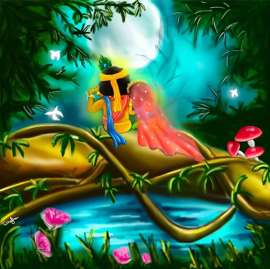 Radha Krishna Playing Flute in a Moonlit Forest with Mushrooms and Flowers HD wallpaper