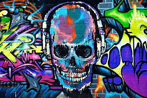 Vibrant Skull Graffiti Art on Brick Wall with Neon Colors and Drips HD wallpaper