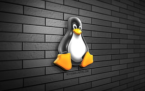 Tux the Linux Penguin Mascot Sitting on a Dark Grey Brick Wall Background HD wallpaper