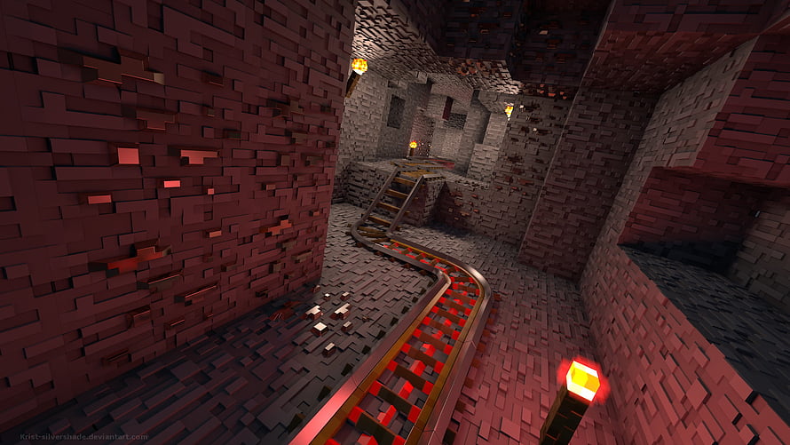 Minecraft Nether Railway Tunnel with Redstone Tracks and Torches HD wallpaper