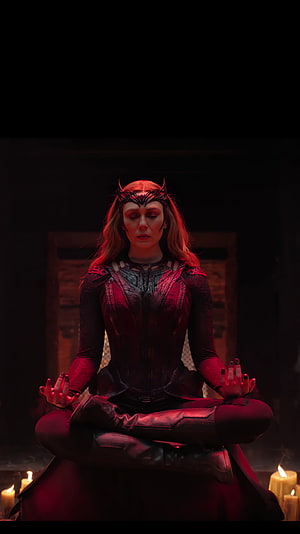 Scarlet Witch Meditating in Dark Room with Candles and Red Lighting HD phone wallpaper