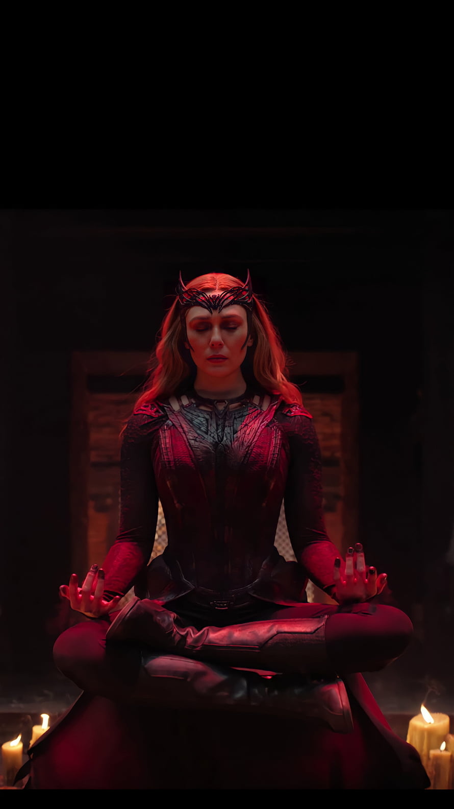 Scarlet Witch Meditating in Dark Room with Candles and Red Lighting HD phone wallpaper