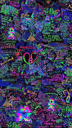 Neon Underoath Graffiti Artwork With City Names And Lyrics HD phone wallpaper