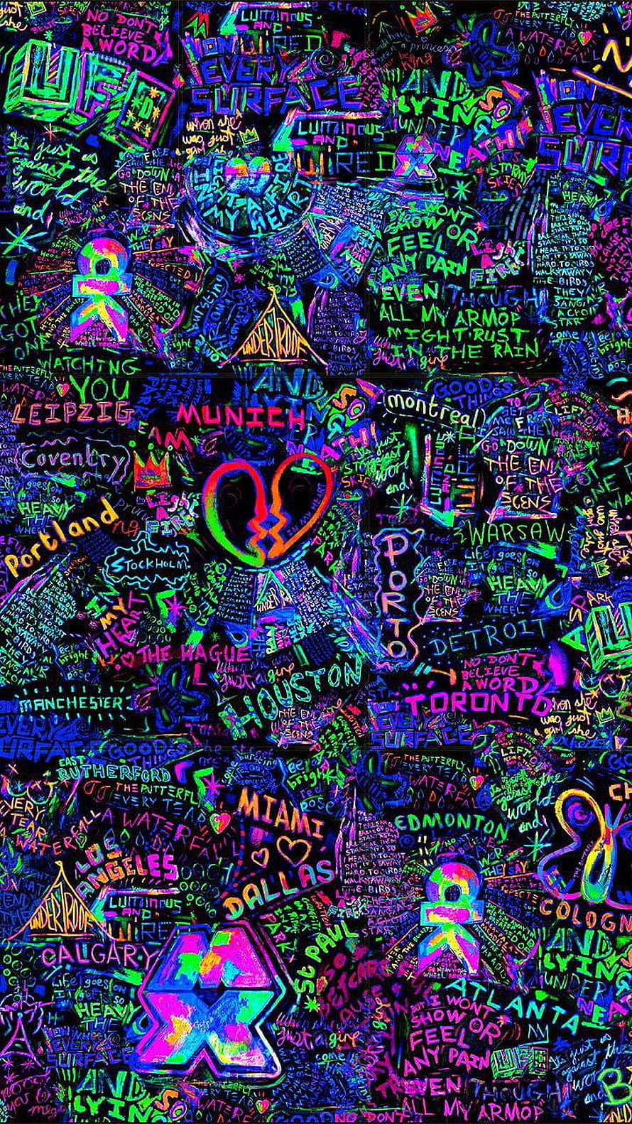 Neon Underoath Graffiti Artwork With City Names And Lyrics HD phone wallpaper