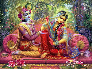 Radha Krishna in a Lush Garden with Birds and Lotus Flowers HD wallpaper