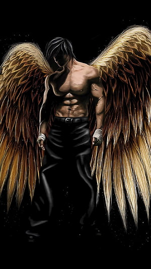 Dark Fallen Angel with Golden Wings and Muscular Physique HD phone wallpaper
