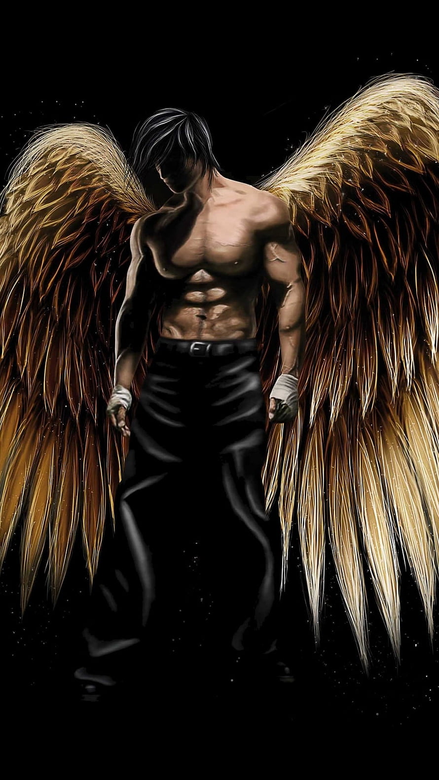 Dark Fallen Angel with Golden Wings and Muscular Physique HD phone wallpaper