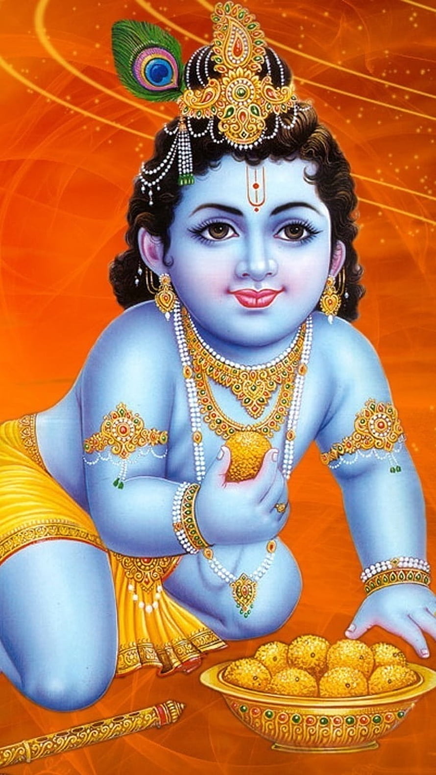 Baby Krishna Laddu Gopal Devotional Portrait with Peacock Feather Crown and Golden Sweets HD phone wallpaper