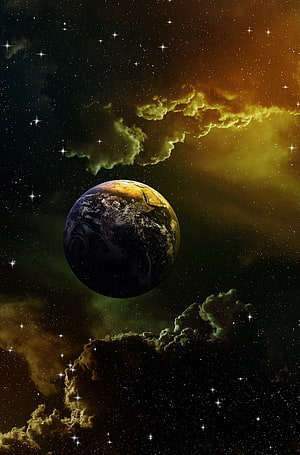 Planet Earth Suspended in Golden Cosmic Nebula and Starry Space HD phone wallpaper
