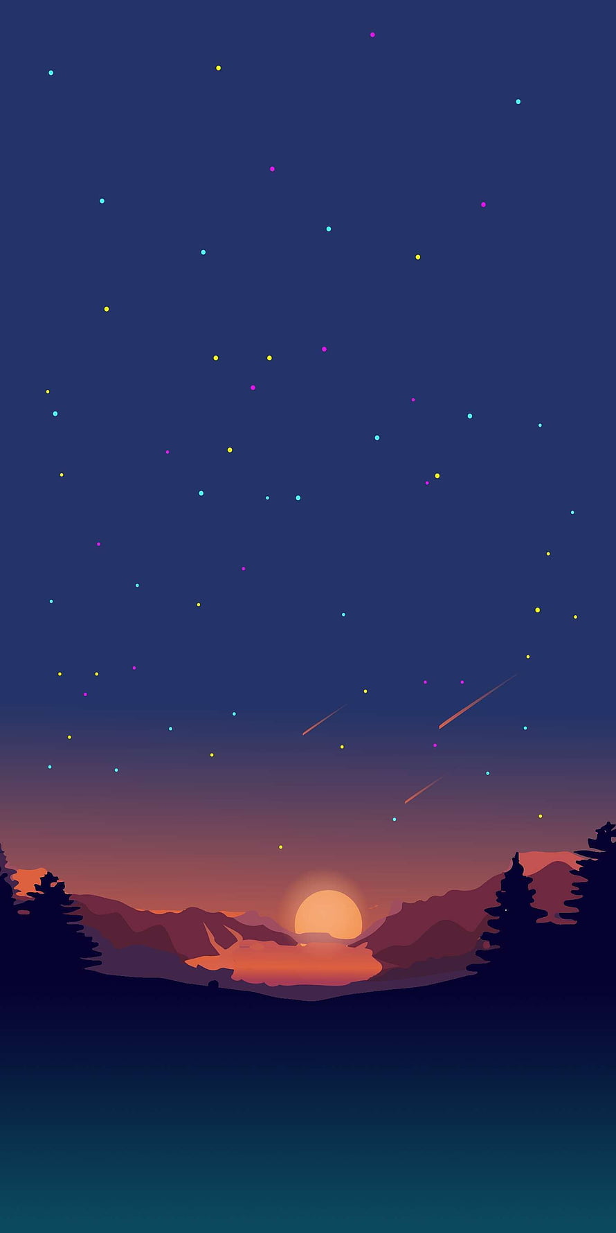 Minimalist Night Sky with Shooting Stars and Mountain Sunset Landscape HD phone wallpaper