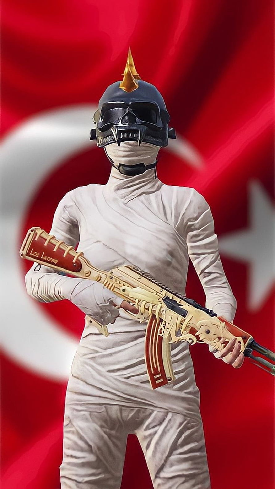 Valorant Agent Fade in White Outfit with Golden AK-47 and Turkish Flag Background HD phone wallpaper