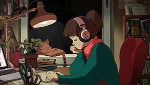 Anime Girl Studying at Desk with Cat and Headphones in Cozy Room HD wallpaper