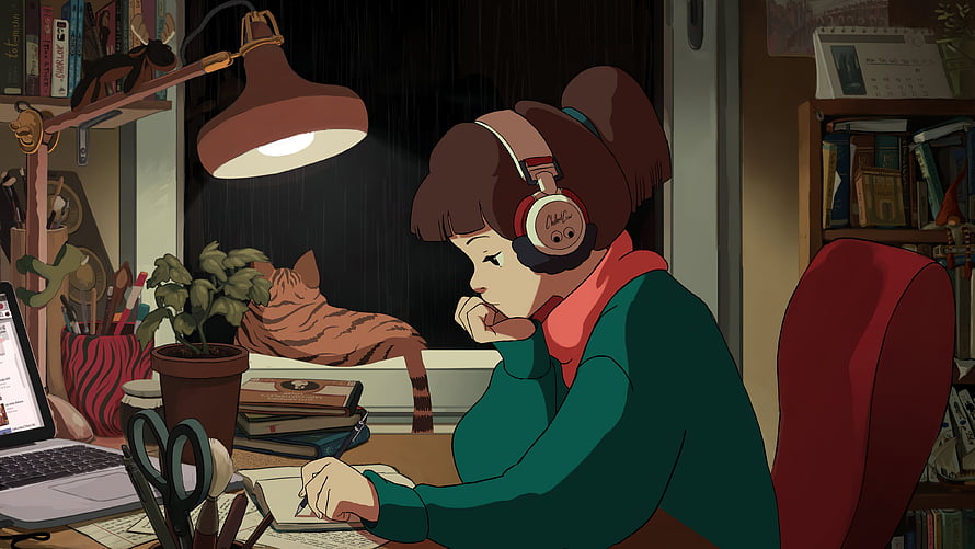 Anime Girl Studying at Desk with Cat and Headphones in Cozy Room HD wallpaper