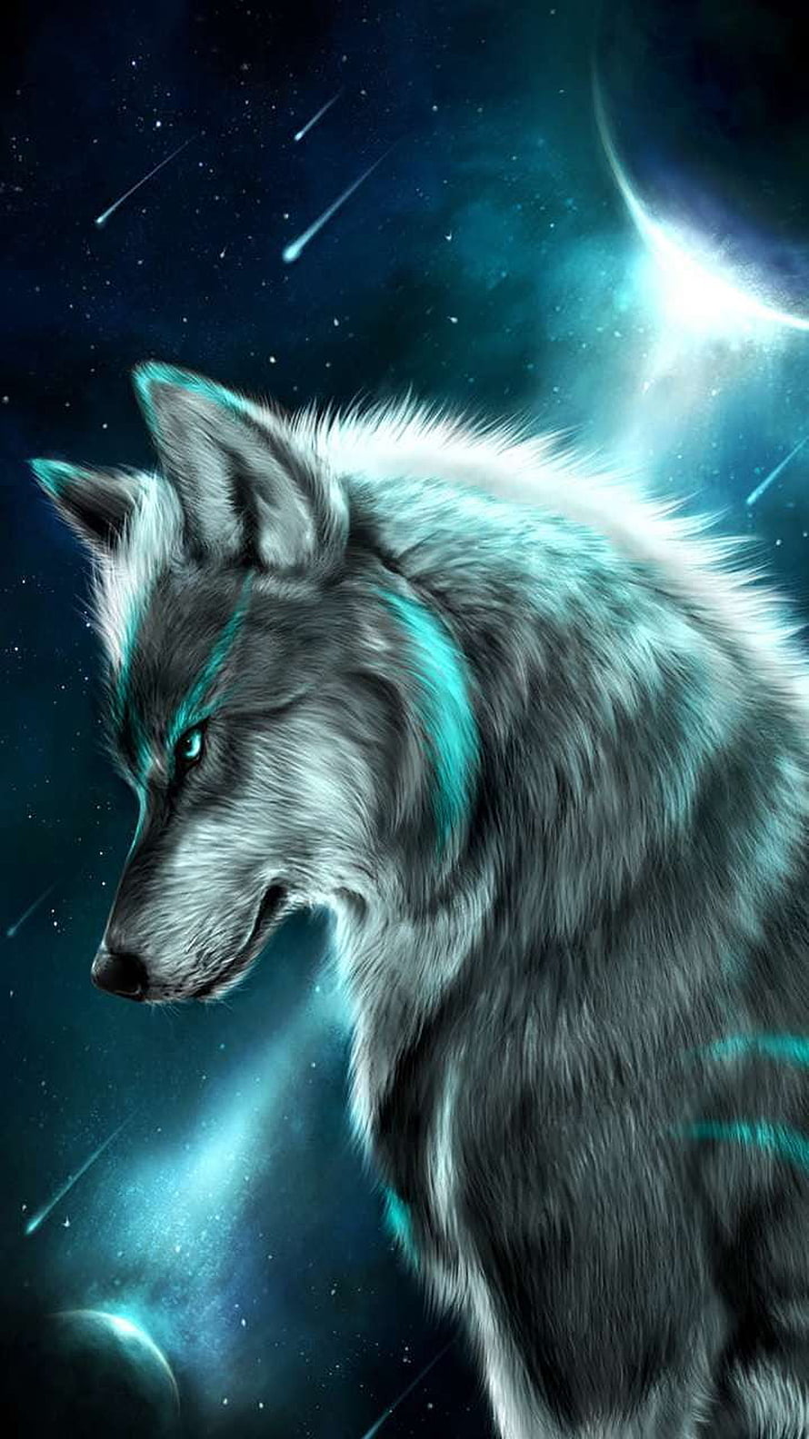 Mystical Wolf Portrait with Glowing Cyan Accents Against a Cosmic Starry Background HD phone wallpaper