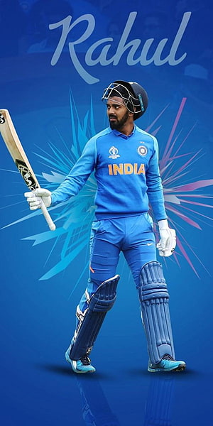 KL Rahul in India Cricket Kit Holding Bat on Blue Background HD phone wallpaper