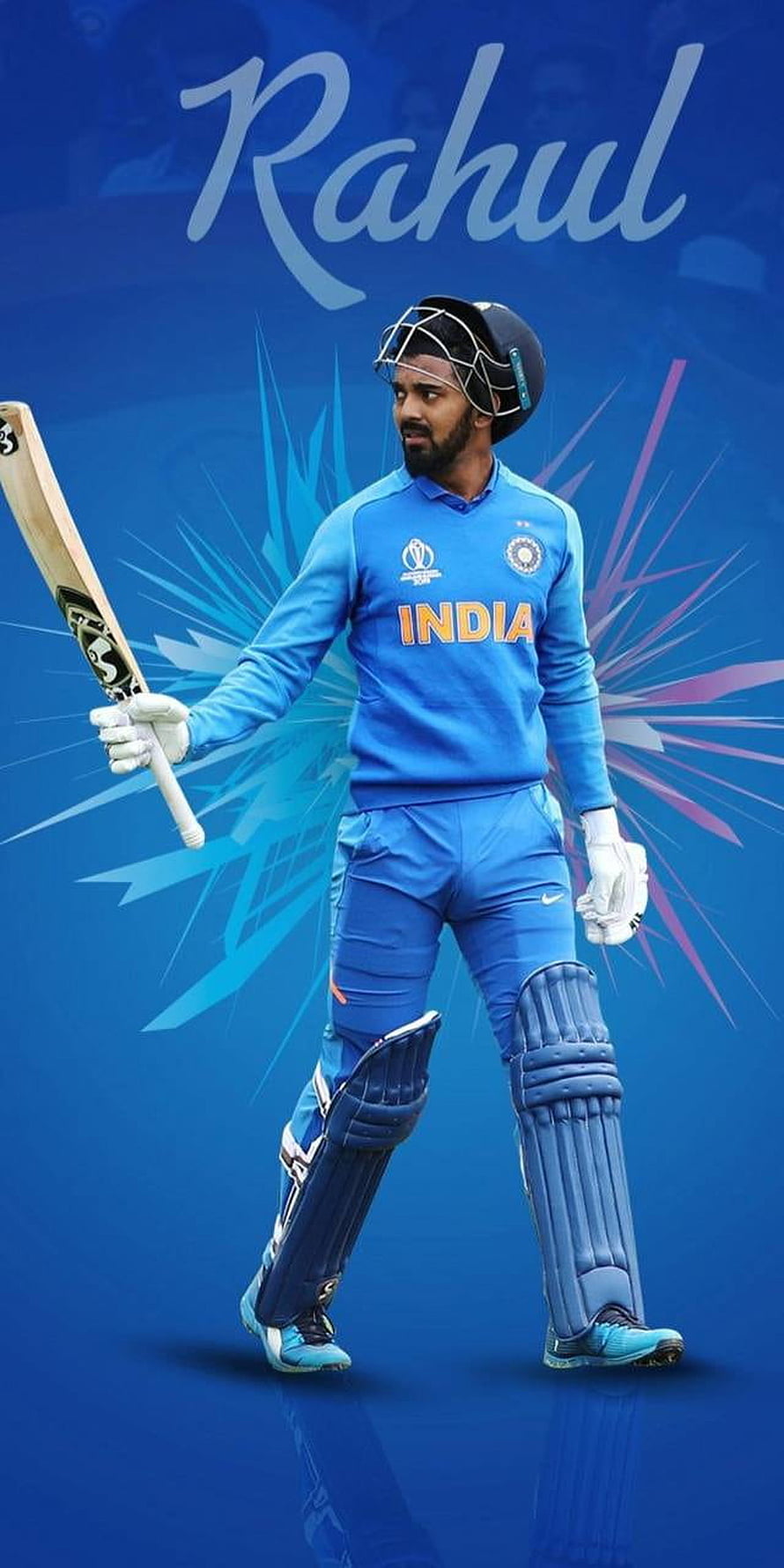 KL Rahul in India Cricket Kit Holding Bat on Blue Background HD phone wallpaper