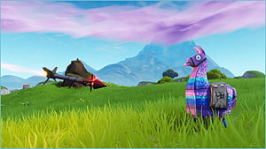 Fortnite Llama and Rocket Launcher in Vibrant Grassland with Distant Mountains HD wallpaper