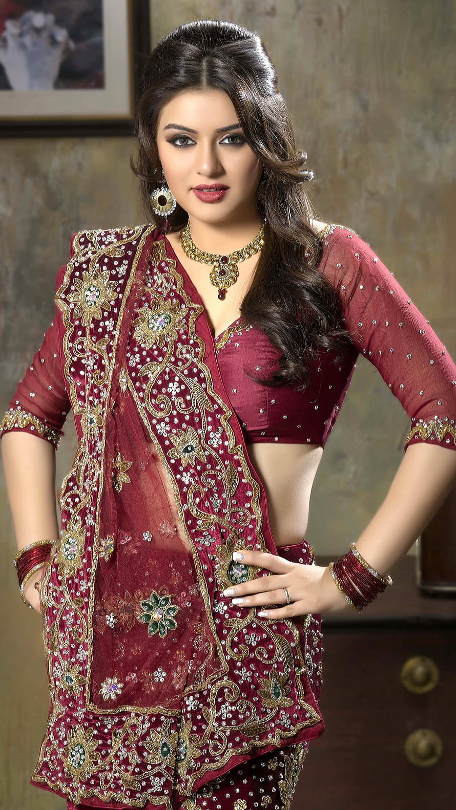Woman in Elegant Maroon Embroidered Salwar Kameez with Gold Jewelry, Hansika Motwani, actress, fashion design, beauty, bollywood, elegant HD phone wallpaper