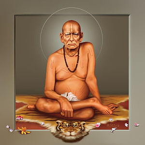Swami Samarth Portrait: Hindu Sadhu in Meditation on Tiger Skin with Sacred Halo HD phone wallpaper
