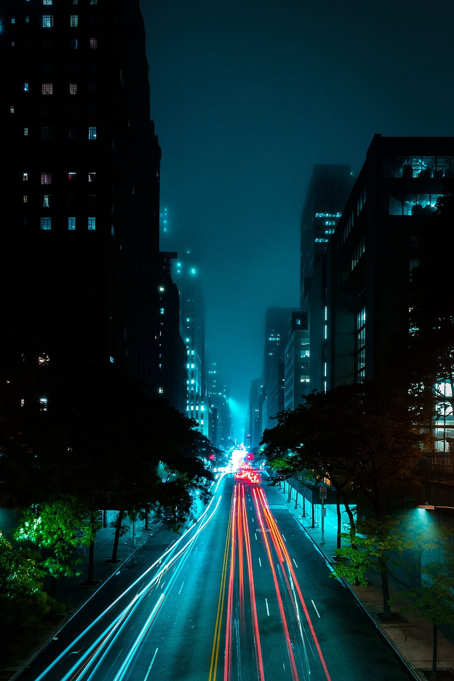 Long Exposure City Street at Night with Fog and Light Trails HD phone wallpaper