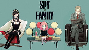 Spy x Family anime trio illustration with Yor, Anya, and Loid in a stylized living room scene HD wallpaper