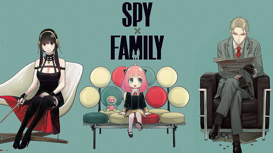 Spy x Family anime trio illustration with Yor, Anya, and Loid in a stylized living room scene HD wallpaper