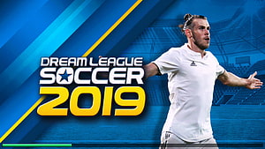 Dream League Soccer 2019 promotional artwork featuring a player in a white kit on a blue stadium background HD wallpaper