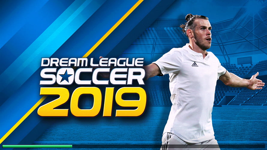 Dream League Soccer 2019 promotional artwork featuring a player in a white kit on a blue stadium background HD wallpaper