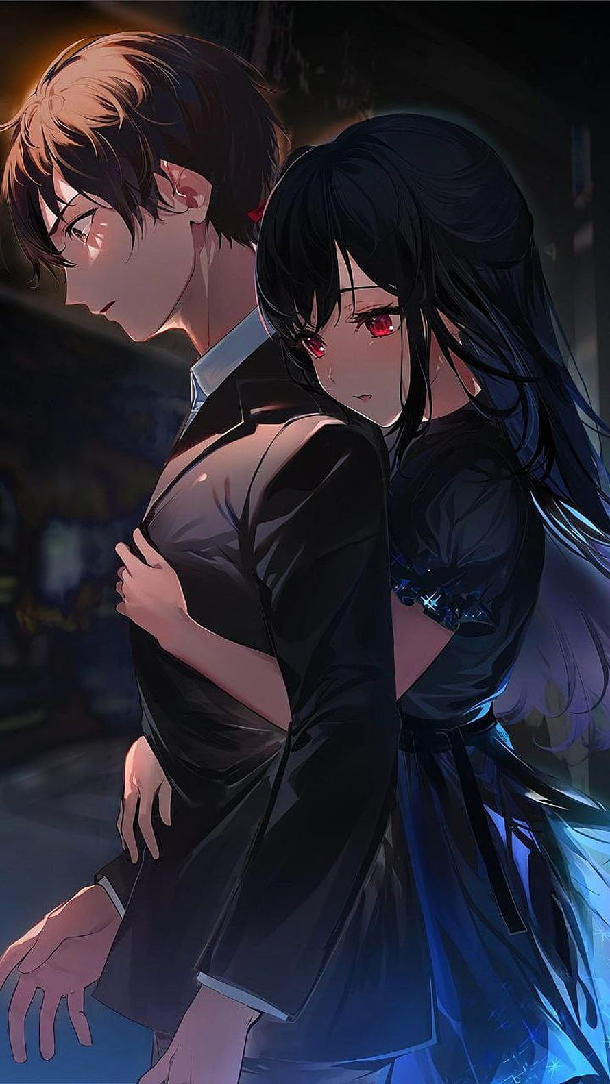 Anime Couple Embracing in Dark Street with Glowing Red Eyes and Blue Dress HD phone wallpaper