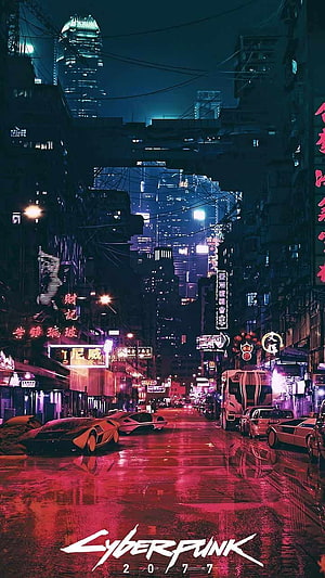 Cyberpunk 2077 Night City Street Scene with Neon Lights and Futuristic Cars HD phone wallpaper