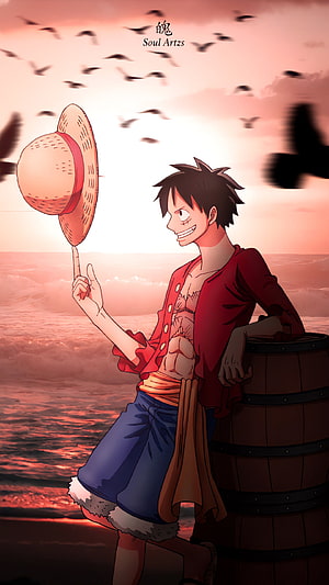 Monkey D. Luffy from One Piece spinning straw hat on beach at sunset HD phone wallpaper
