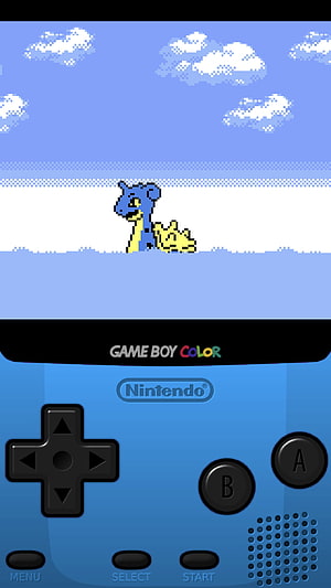 Blue Game Boy Color Console Displaying a Pixel Art Pokémon Scene HD phone wallpaper