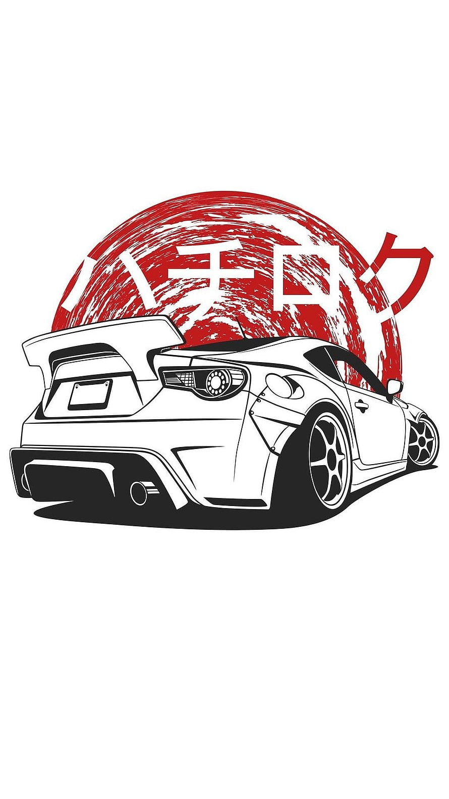 Stylized Toyota GT86 JDM Illustration with Red Sun and Japanese Katakana Text HD phone wallpaper