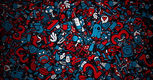 Dense Doodle Pattern of Syringes, Ghosts, and Emoticons in Red and Blue HD wallpaper