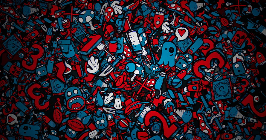 Dense Doodle Pattern of Syringes, Ghosts, and Emoticons in Red and Blue HD wallpaper