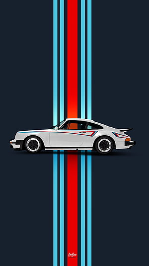 White Porsche 911 Turbo with Red and Blue Racing Stripes on Dark Background HD phone wallpaper