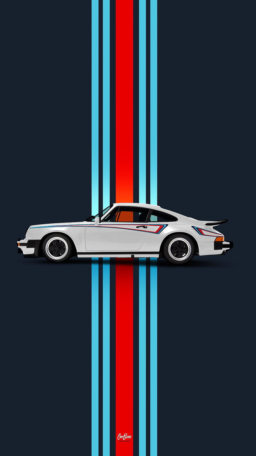 White Porsche 911 Turbo with Red and Blue Racing Stripes on Dark Background HD phone wallpaper