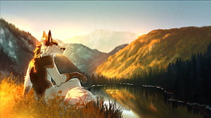 Anthropomorphic Wolf Character Sitting by Mountain Lake at Sunset HD wallpaper