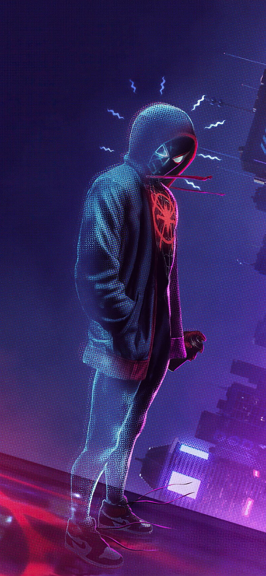 Miles Morales Spider-Man in Hoodie Standing on Rooftop with Neon City Background, spider man miles morales noise X, Purple Man HD phone wallpaper