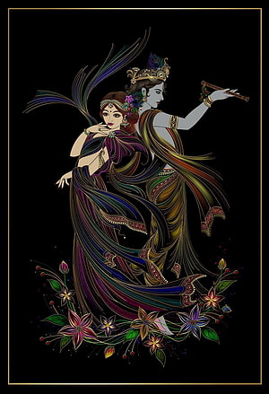 Radha and Krishna Playing Flute Artwork with Peacock Feathers and Floral Design HD phone wallpaper
