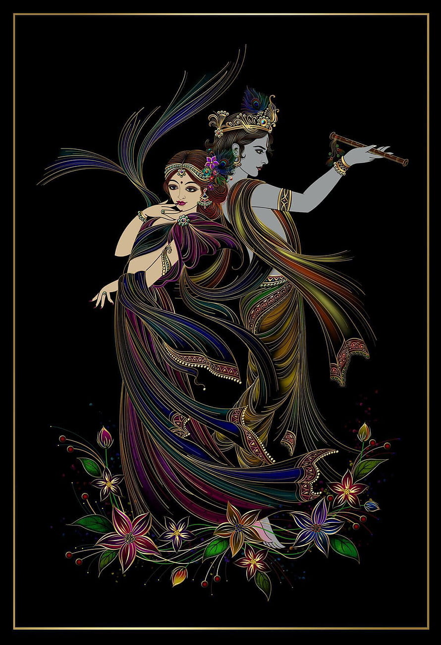 Radha and Krishna Playing Flute Artwork with Peacock Feathers and Floral Design HD phone wallpaper